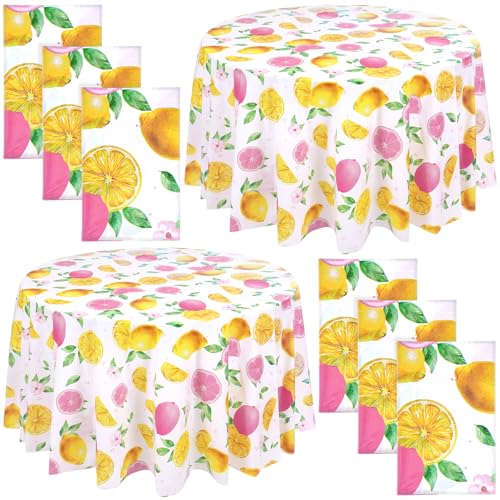 Image of Ganeen 6 Pcs Lemon Plastic Tablecloth 84 Inch Pink Lemon Round Tablecloths Summer Theme Birthday Decor Disposable Plastic Round Waterproof Table Covers for Holiday Wedding Tea Decoration Party Favor