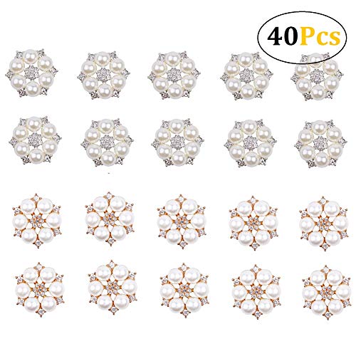 Stock Show 40Pcs Fancy Gold Silver Flower Pearl Embellishment Rhinestone Pearl Button Flatback