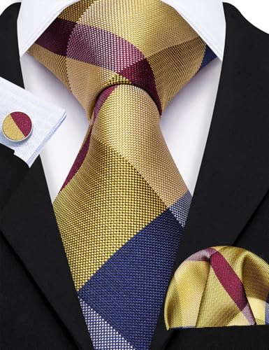 Image of Barry.Wang Plaid Ties for Men Silk Necktie Handkerchief Cuff Links Set