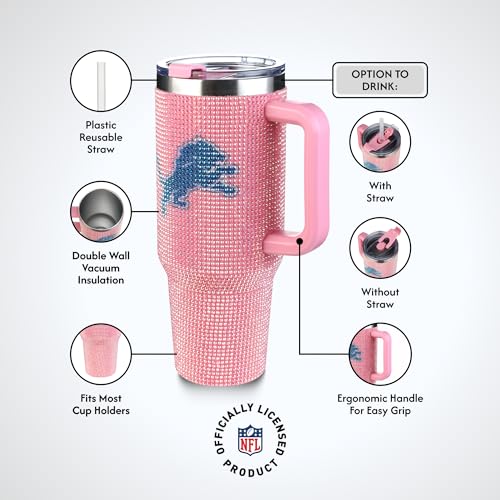 Image of The Memory Company Officially Licensed 40oz Pink Bling Game Day Tumbler, Detroit Lions