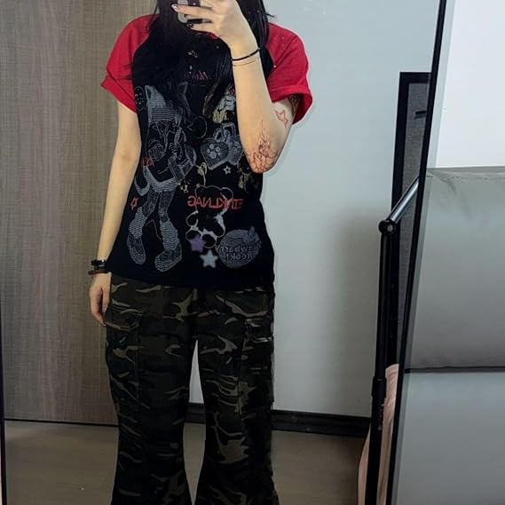 Summer Short Sleeve Emo Top Vintage Graphic Goth Tops Teen Girls 2000s Clothing Y2k Grunge Shirts Mcbling Streetwear3