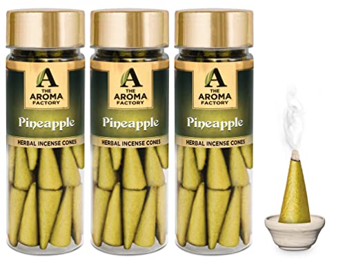 Image of The Aroma Factory Incense Dhoop Cone, Pineapple (100% Herbal & 0% Charcoal) 3 Bottles x 30 Cones