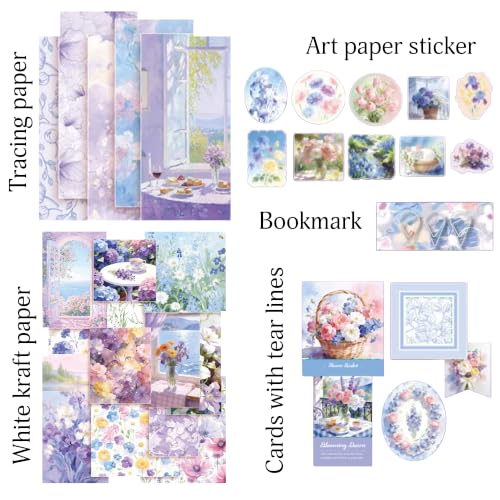 Image of The AutoStory Vintage Scrapbook Album Kit - A6 Junk Journal Notebook with Aesthetic Stickers, Collage Paper Pack & Washi Tape - DIY Journaling Supplies Gift for Teens & Girls (Twilight Iris, Purple)