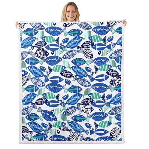 feelingyou Manta de forro polar de dibujos animados para sofá, sofá, rayas geométricas, mantas súper suaves y cálidas, patrón de pesca para todas las estaciones, acogedora, afelpada, ligera, 90 x 90