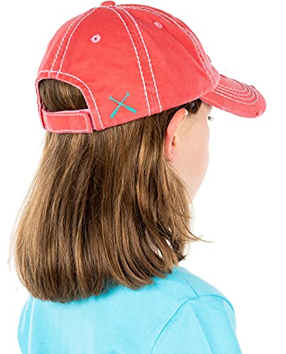 Funky Junque Girls Just Wanna Have Sun Beach Hat, Cute Embroidered Cotton Baseball Cap for Girls Age 6-8, Adjustable, Lake Life - Coral3