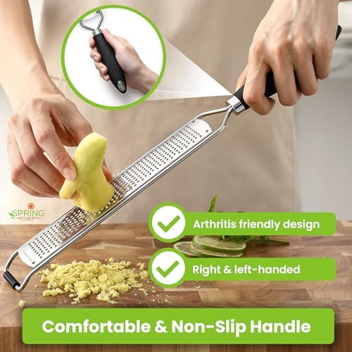 Spring Chef Stainless Steel Lemon Zester Grater with Handle - Garlic, Cheese, Parmesan, Nutmeg, Lime, Ginger Grater - Heavy Duty Kitchen Tool - Citrus Zester with Blade Cover - Fine Shred - Black - 3