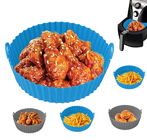 2 Groß Air Fryer Liners, Air Fryer Silicone Pot 21cm / 8.5 Zoll, Silikonform Airfryer, Wiederverwendbare Heißluftfritteuse aus Silikon für 5 bis 8 Qt Heißluftfritteuse Ofenzubehör(Grau+Blau) Cover