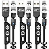 (株)アトラス マグネット充電ケーブル 2m x 3本 セット (黒) 2.4A 急速充電/マグネット端子 ：MicroUSB, Type-C/端子ケース付き/アンドロイド スマートフォン用