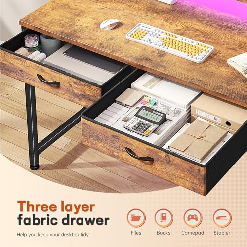 Image of Gaming Desk with LED Lights with 2 Drawers, 31 Inch Desk Home Office Desk Computer Desk with Side Pocket & Ergonomic Monitor Stand, Small Space Study Writing Table with Anti-Tip Design, Rustic Brown