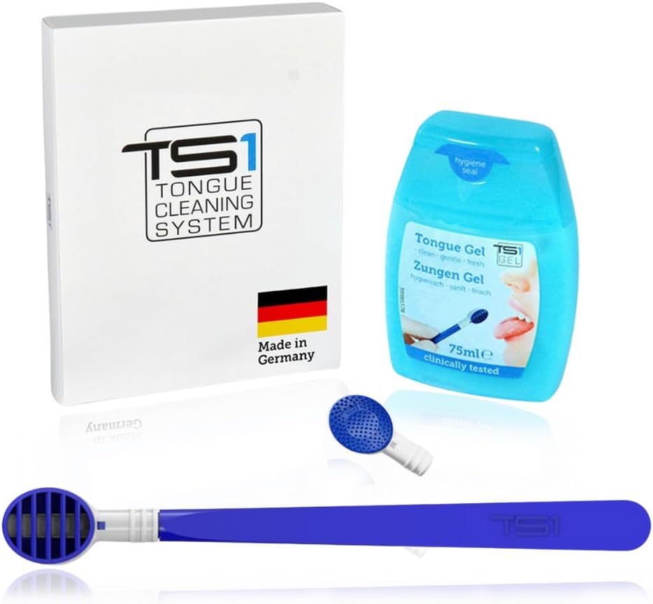 TS1- Professional Tongue Cleaning System - Tongue Cleaner Recommended by German Dentists, Halitosis & Bad Breath Treatment for Adults - 2 x Tongue Scraper, 1 x Tongue Gel