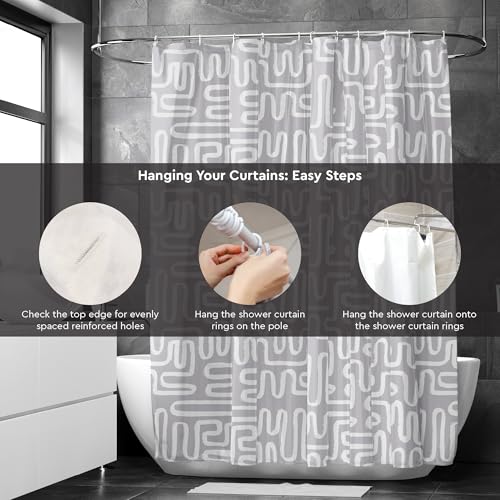Image of Encasa XO Bathroom Shower Curtain 7 Feet with 10 Hooks | (72x84 in) Quick Dry Heavy Printed Polyester Fabric Bathroom Curtains Waterproof | Machine Washable, Mould & Mildew Resistant - Boho Maze Grey