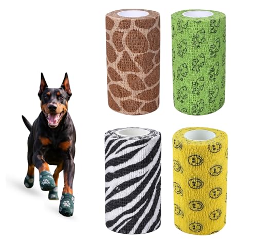 Image of Dog Bandage Cohesive Wrap for Paw & Leg | 10cm x 4.5m - Pack of 4 | Easy Tear, Fur Safe | Self Adhesive Elastic Vet Tape for Walking Protection, Wound Care & Licking Prevention Bandage Roll