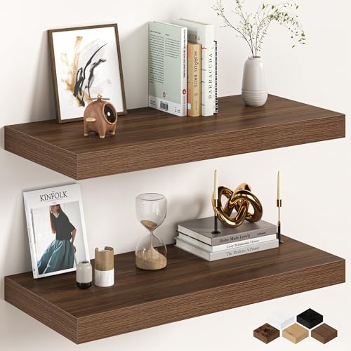 Image of 30Inch Walnut Floating Shelves for Wall, 12 Inch Deep Shelves for Bedroom, Kitchen, Bathroom Wall Mounted, Rustic Wood Floating Shelf with Invisible Brackets for Books, Storage, Decor, 2 Packs