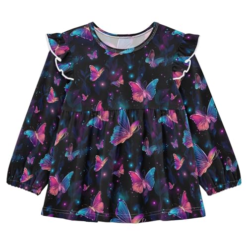 Blue Butterflies Leave Night Girls Shirts Cotton Long Sleeve Ruffle Toddler Tee Tops