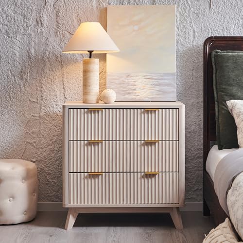 Image of T4TREAM Fluted 3 Drawer Dresser, 32 inch Tall Modern Chest of Drawers, Curved Profile Design, Wood Drawer Organizer for Bedroom, Living Room, Hallway, Entryway, White Alder