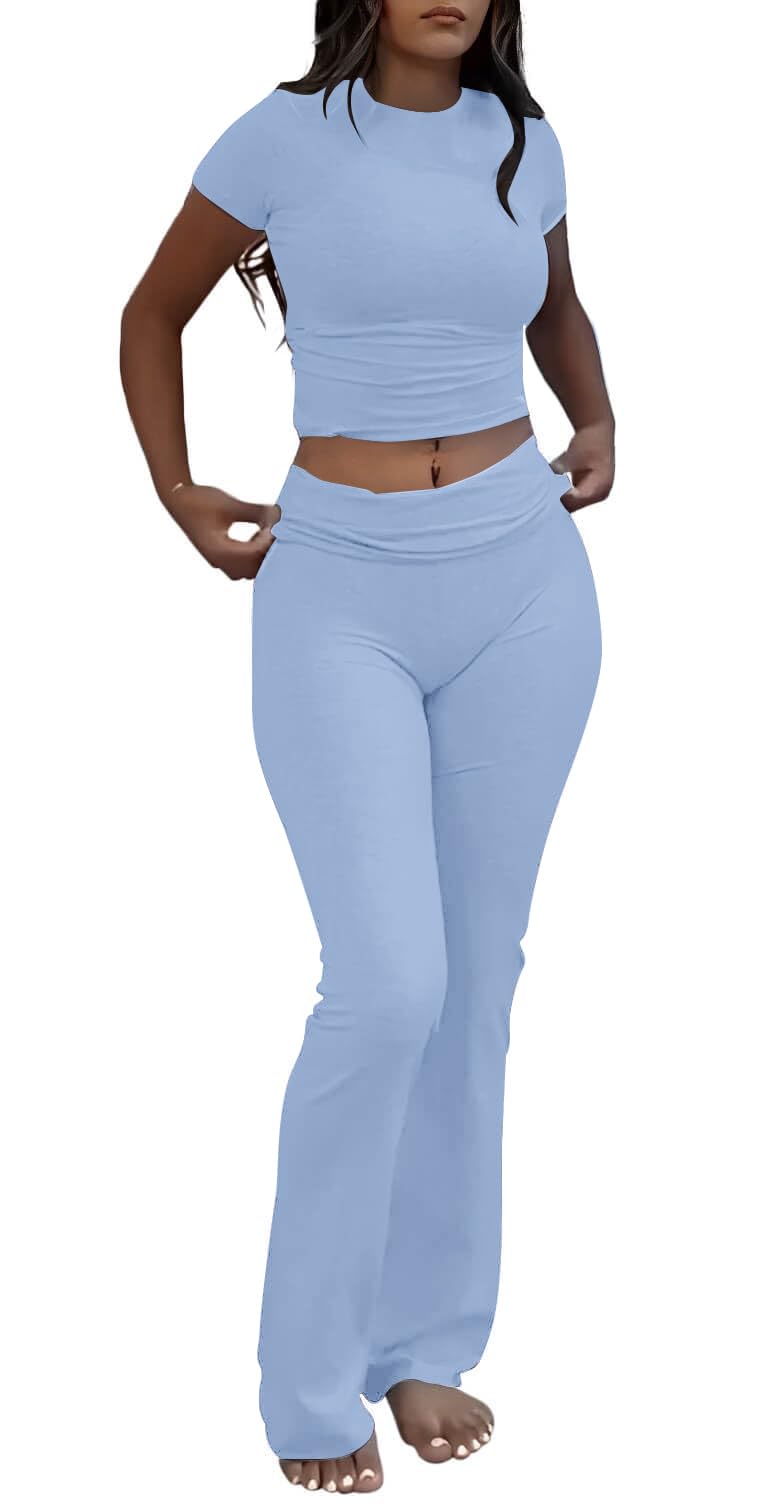 AYWA Women's 2 Piece Lounge Sets Short Sleeve Crop Top Foldover Flare Pants Casual Pajama Outfits