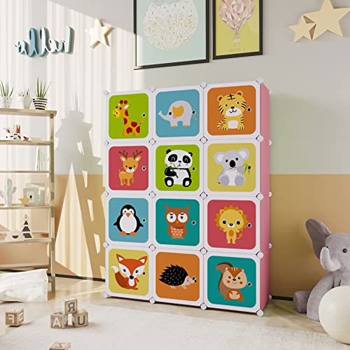 C&Ahome Kids Toy Cartoon Cube Storage Organizer With Doors, 12-Cube Shelves, Closet Cabinet, Diy Plastic Modular Bookshelf Ideal For Bedroom, Living Room, 42”L X 14”W X 56”H Pink Upcs3512P-Door #TOP1