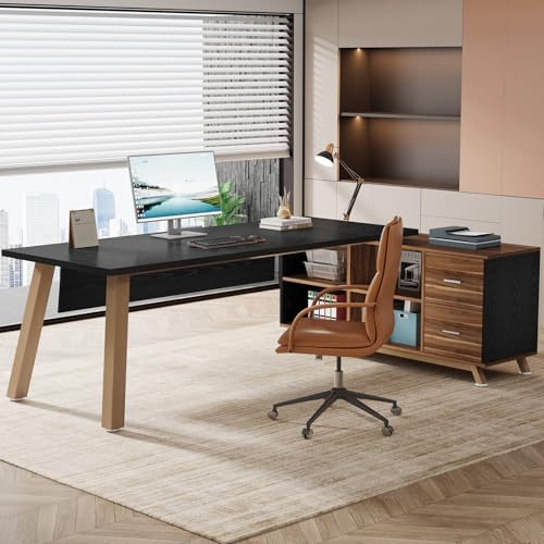 Image of Tribesigns 78.7-Inch Executive Desk, L-Shaped Desk with 55-Inch Cabinet, Large Office Desk with Storage Shelves, Modern Computer Desk for Home Office, Black & Walnut