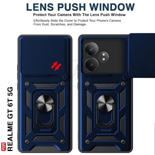 Image of AESTMO Polycarbonate Tough Armor Realme Gt 6T 5G Bumper Back Case Cover|Ring Holder & Sliding Camera Shield Cover|360 Degree Protection Back Case Cover for Realme Gt 6T 5G (Blue)