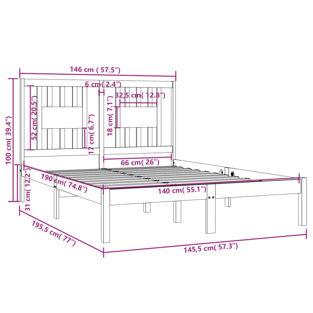 Cama de madera maciza de pino blanco de 140 x 190 cm, marco de cama resistente con cabecero, cama de madera para dormitorio, adultos, adolescentes, duradera