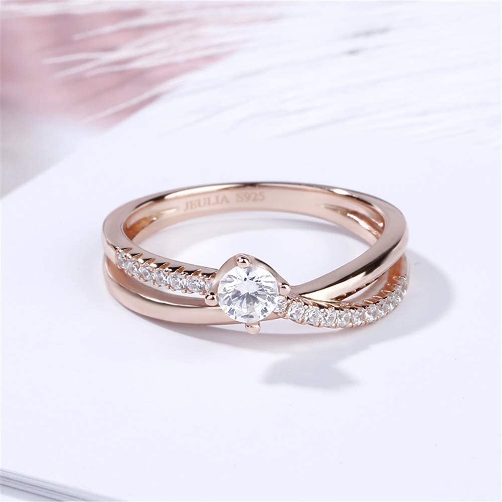 Jeulia Anillos de promesa de plata de ley solitario chapado en oro rosa 18k anillos de corte redondo para cumpleaños, boda, compromiso