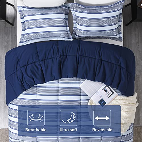 Downluxe King Size Comforter Set (104"X92") 3-Piece,Stripes Navy Reversible Comforter,2 Reversible Pillow Shams 20"X36",Microfiber King Comforter,Soft And Comfortable #TOP5