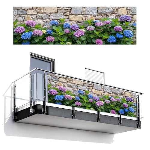 MuchoWow© Balkongeländer Sichtschutz Einseitig 95x300 cm Groß PVC Garten Windschutz Seitlich ohne Bohren Wetterfest Zaunsichtschutz Terrasse Balkon Abdeckung Blumen - Steinoptik - Bunt