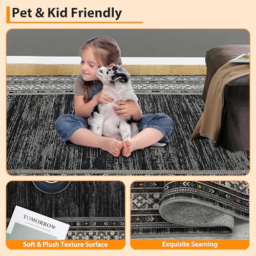 GlowSol Modern Runner Rug 2x6 Washable Bordered Hallway Runner Washable Rug Kitchen Runner Black Laundry Room Rug Runner Non Slip Non-Shedding Low Pile Soft Carpet Runner for Bathroom Bedroom Entry