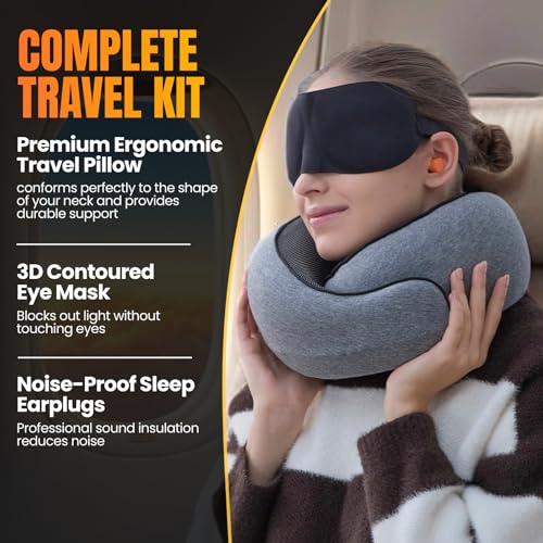 Image of LOEXAIR Travel Pillow, Neck Pillow Travel for Airplane, Car - 100% Cotton Fabric & Memory Foam Plane Pillow, Lightweight & Easy-to-Carry on Flight, Full Travel Set (Eye Mask, Earplugs) - Light Grey
