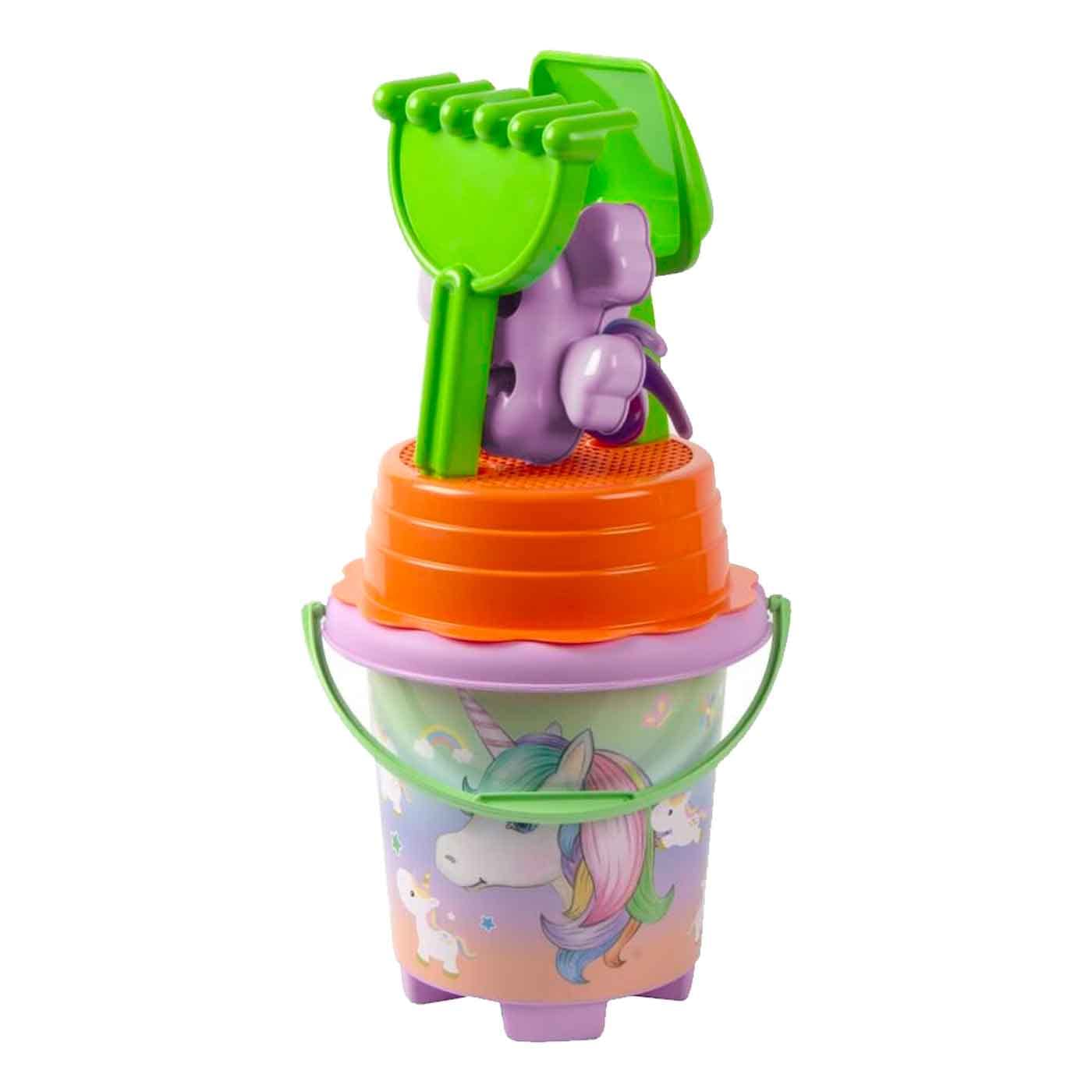 Acan Tradineur - Cubo de Playa con Accesorios, impresión de Unicornio, Incluye: Cubo, Pala, rastrillo, etc. Ideal para Jugar en la Playa. 42 x 20 x 20 cm