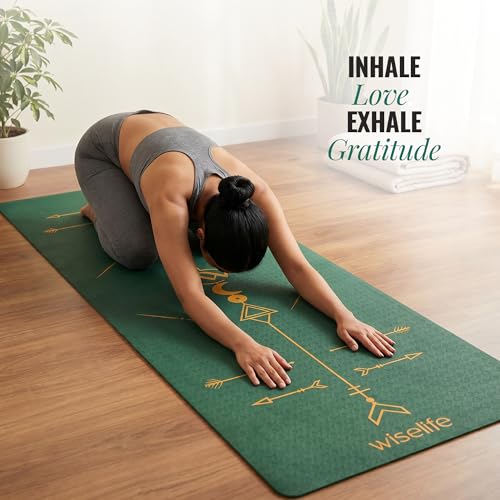 Image of WiseLife Boho Alignment 8mm Yoga Mat | Non-Slip Thick Exercise Mat | Anti-Skid Yoga & Fitness Mat for Yoga, Pilates, Gym & Flexibility Training (Green)