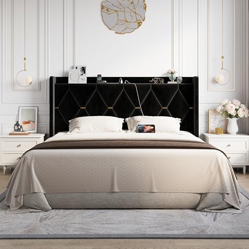 Allewie Velvet King Size Upholstered Bed Frame with Wingback Storage Headboard & Charging Station, Platform Bed with Diamond Tufted Design & Gold Trim, No Box Spring Needed, Easy Assembly, Black - Image 4