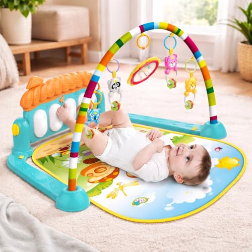 Image of MiniExplorer Play Mat for Babies 0-12 Months | Play Gym for Babies 0-12 Months with Kick & Play Piano | Baby Play Mat 0-2 Years | Newborn Toys 0-6 Months | Baby Gym Mat with Hanging Toys