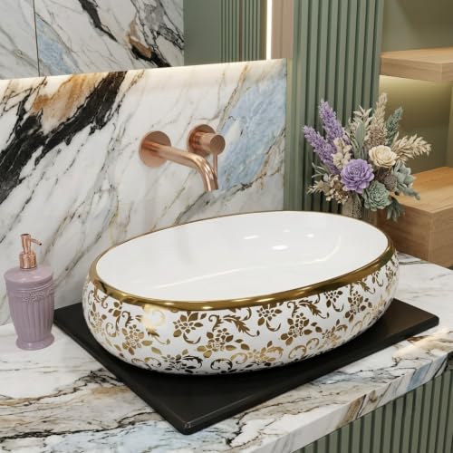 Image of Luxurious Golden Table Top for Bathroom /Ceramic Bathroom Wash Basin /Countertop Wash Basin (25x15inch)