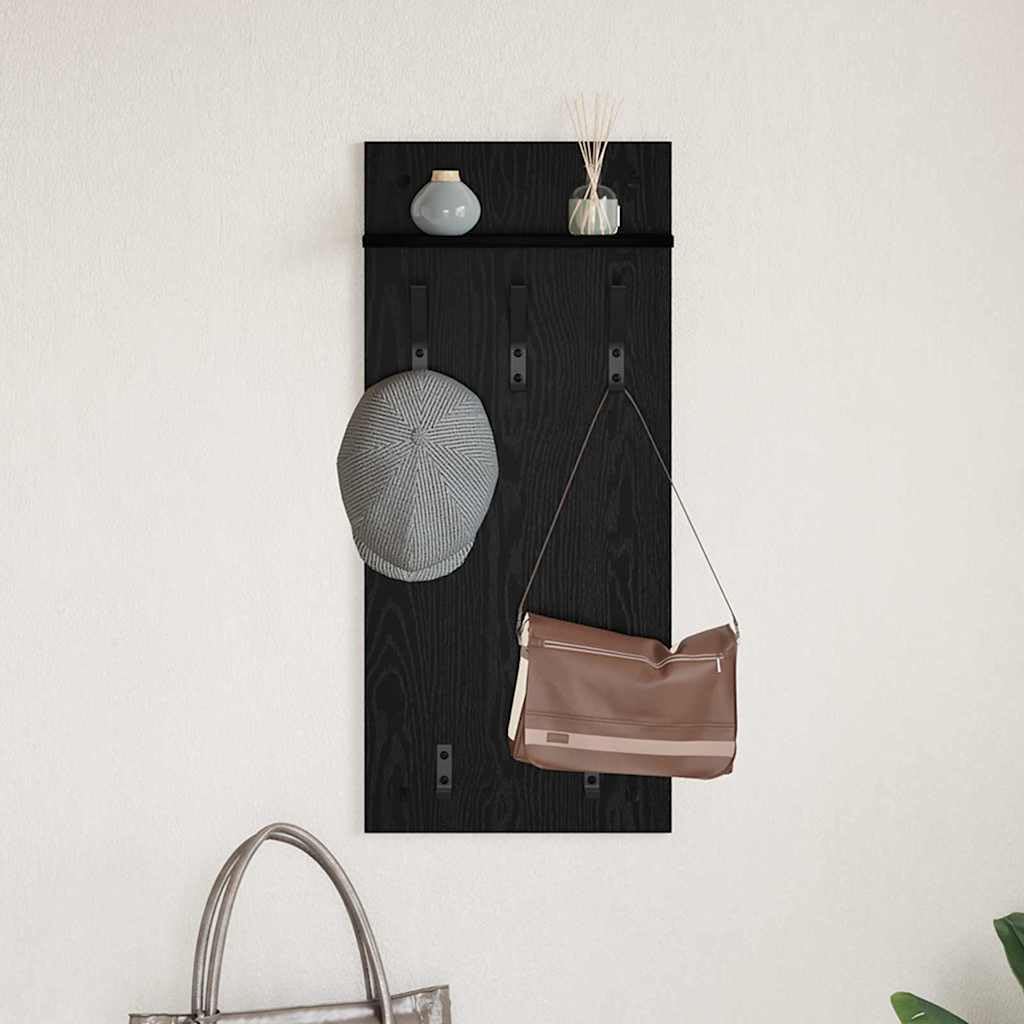 Montowany na ścianie stolik nocny o wyglądzie czarnego dębu, z materiału drewnopochodnego, 40 x 10 x 90 cm, z regałem i haczykami, zajmuje mało miejsca, do korytarza, sypialni, salonu, biura