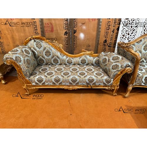 Image of CLASSIC WOOD & CRAFT Luxury Wooden Sofa Set with Center Table | Hand-Carved Solid Teak Wood Sofa Set with Upholstery | Royal Living Room Furniture for Home (Ligh Green Walnut 6 Seater)
