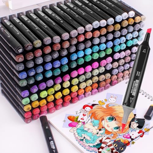Image of EMNDR 120 Color Dual Tip Art Markers Set Chisel Sketch Marker for Adult Coloring Calligraphy and Illustration Markers Drawing Pen for Kids Colour Pens (120 Pcs)