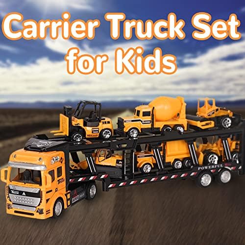 Crelloci 7pcs Construction Truck Toys Cars Transporter Mini Diggers Dumpers Excavator Tractor Set Pull Back Metal Car Carrier Diecast Kids Play Vehicles Model for 3 4 Year Old Boy Girl Children