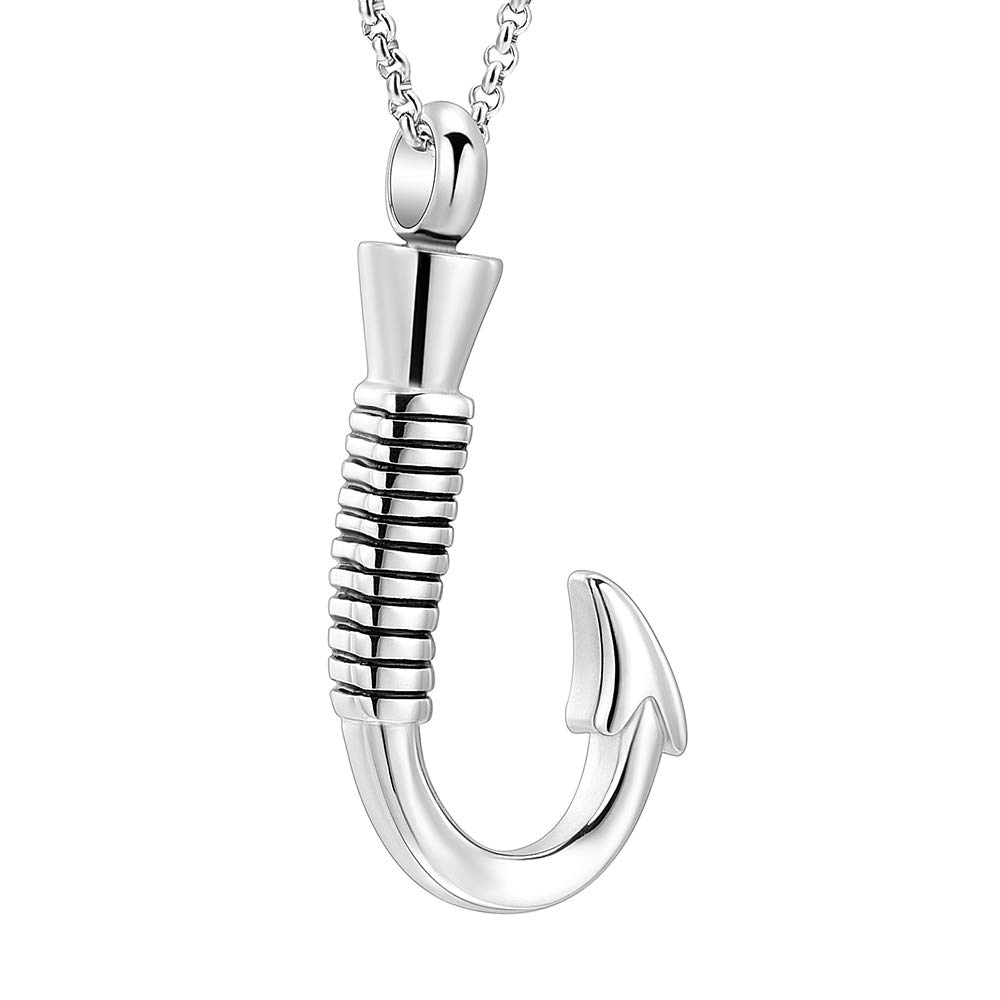 Fish Hook Cremation Jewelry for Ashes Fishing Hook Urn Necklace for Ashes for Human Pet Stainless Steel Keepsake Pendant for Men Women