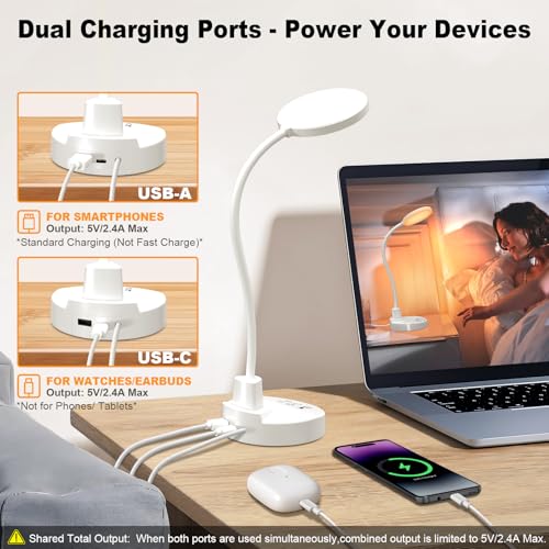 Image of 15 W LED Desk Lamp with USB-A & USB-C - Dimmable, 3 Colour Temperatures, 5 Brightness Levels, 4 Timers, Flexible 360 Gooseneck, Eye-friendly, Table Lamp for Office & Bedroom - White