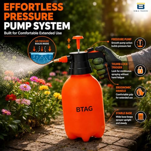 Image of Btag 2L Manual Pressure Spray Pump with Long Nozzle, Adjustable Sprayer for Gardening, Plant Watering & Home Cleaning. (PS001 Orange)