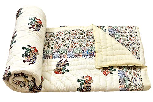 Image of 380 GSM Jaipuri Hand Block and Screen Elephants Printed Winter Cotton Double Bed Quilt Razai - King Size Multicolor, Rajai 88x105 inch