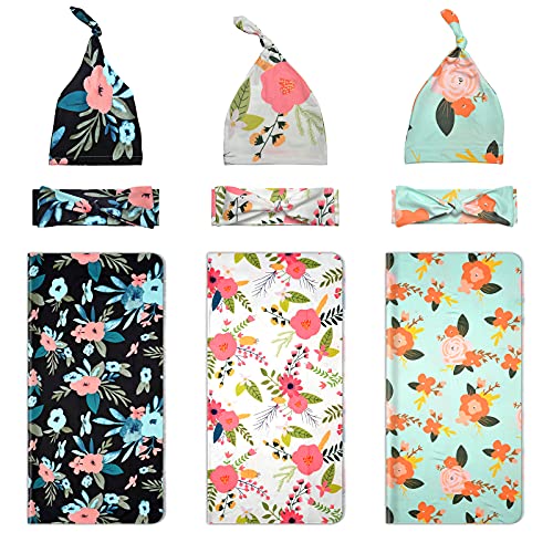 Image of MarJunSep Newborn Baby Swaddle Blankets Headbands Beanie Hats Sets Including 3 Pack of Receiving Blanket & Headband & Beanie Hat Floral Pattern Swaddle Sack for Baby Shower Infant Gift (0-3 Months)