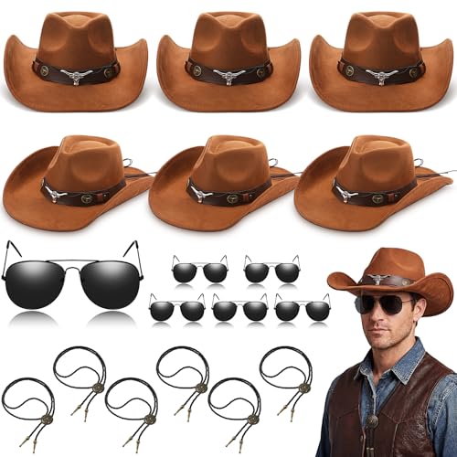 Image of Mepase 18 Pcs Cowboy Hat with Bolo Tie Sunglasses Rodeo Western Costume Accessories for Men Women Cosplay Halloween Party
