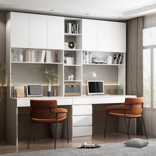 AIEGLE Double Office Desk with Drawers and Doors, 2-Person Home Office Desk with Storage Shelves, Double Computer Desk Workstation with Bookshelf, Study Writing Table for Home Office, Type A - White