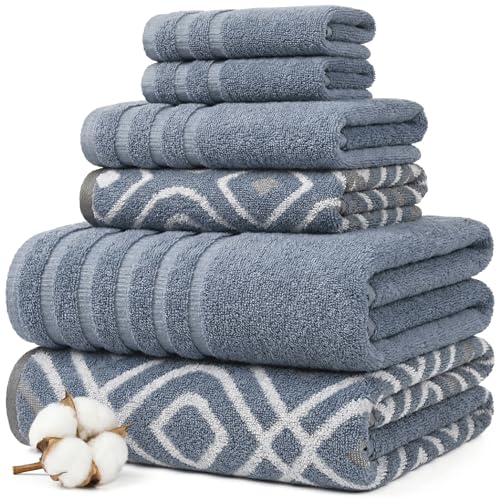 Image of Modern Threads 6 Piece Bath Towel Set - Bathroom Set with 2 Bath Towels, 2 Hand Towels, and 2 Wash Cloths - 100% Cotton, Super Absorbent & Extra Soft - Reversible Classic Diamond (Blue)