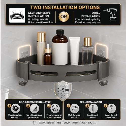 Image of Hallstatt Pack of 2, Self Adhesive Aluminum Corner Bathroom Shelf for Wall Shelf Organizer Bathrooms Shelves Rack Holder Stand for Bathroom Accessories Organiser Without Drill and with Drill Option