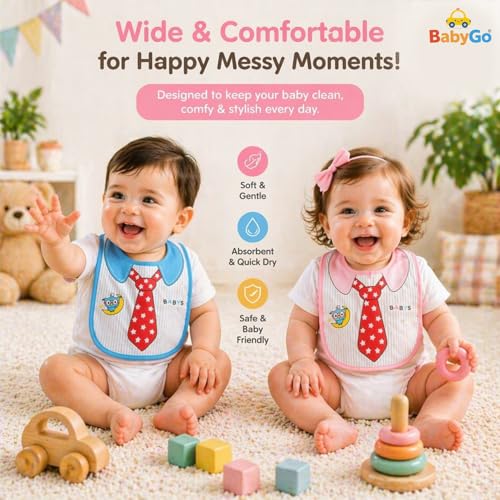 Image of BabyGo Cotton Baby Tie Button Bibs | Soft, Washable Feeding Bibs for Kids, Adjustable, Reusable, Gentle on Skin, Comfortable & Ideal for Mealtime, Perfect for Infants & Toddlers | Multicolor