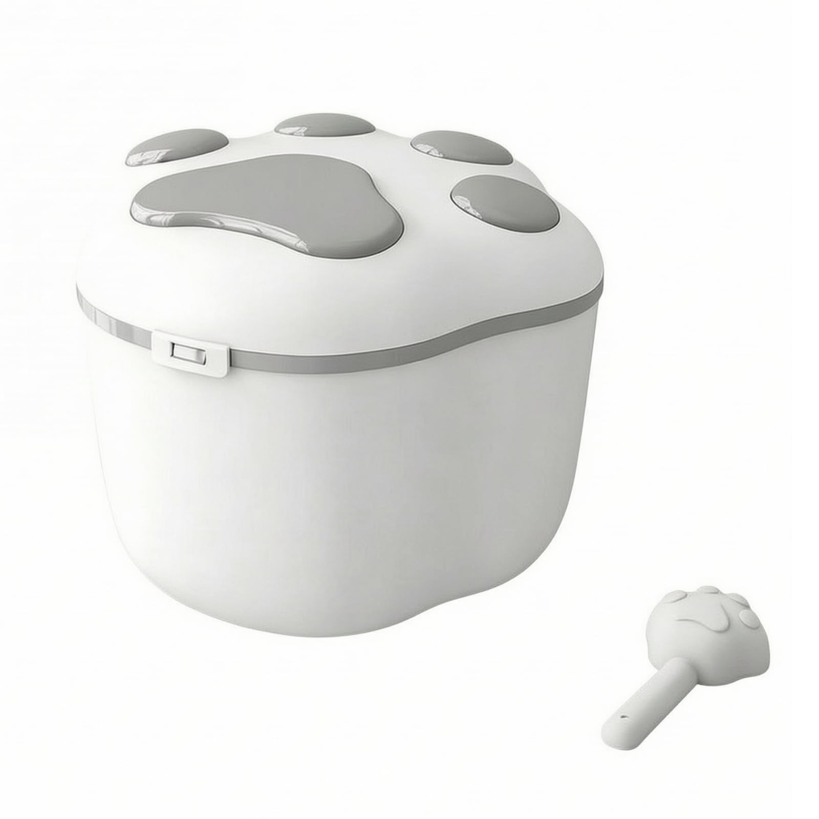 Caja Almacenadora Croquetas con Cuerpo Rectangular Redonado y Tapa con Sellado Resistente a la Humedad con Utensilio para Racionar el Acuado para Espacios Comida y Trastero, Gris