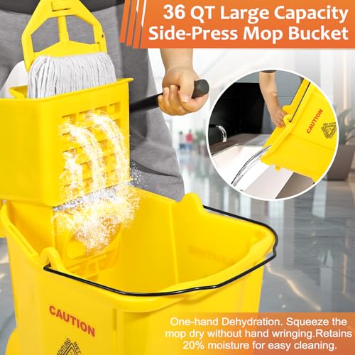 Image of 38 Qt Commercial Bucket with Side Press Wringer on Wheels, Yellow Industrial Set for Floor Cleaning, Including 1 Industrial Mop and Wet Floor Caution Sign, Beyoco